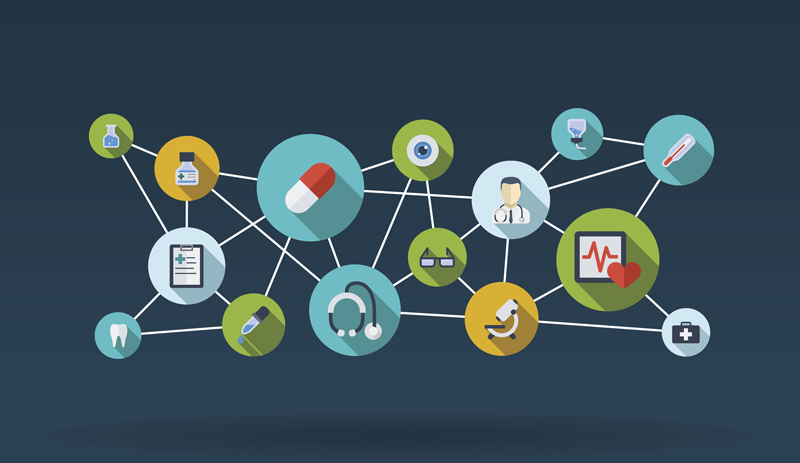 Abstract medicine background with lines, circles and integrate flat icons. Infographic concept with medical, health, healthcare, nurse, DNA, pills connected symbols. Vector interactive illustration.